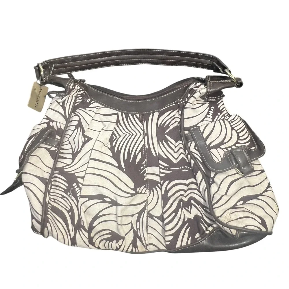 Massini Brown Cream Palm Leaf Pattern‎ Hobo Shoulder Bag Faux Leather Trim New